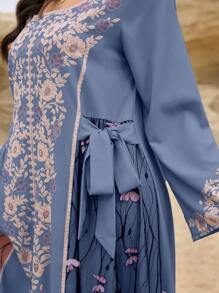 Al Najma 女士优雅方领蝴蝶拼接浪漫朴素土耳其和阿拉伯风格长款束腰外衣 - 霧霾藍 - 查看 7