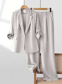 Franclia Women's Elegant Office Casual Buttoned Sleeve Mid-Sleeve Pant Suit