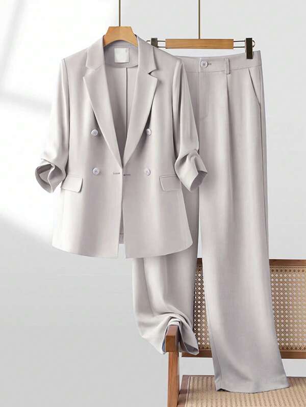 Franclia Women's Elegant Office Casual Buttoned Sleeve Mid-Sleeve Pant Suit