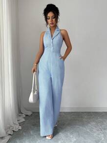 Elenzga Women's Sexy Striped Backless Halter Jumpsuit For Summer