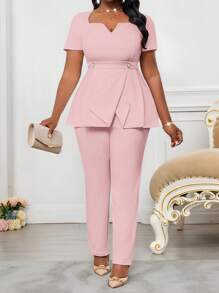 SHEIN Lady Pink V-Neck Short-Sleeved Waist Button Asymmetrical Hem Top Suit Pants Plus Size Two Pieces Suit Plus Size Elegant Business Office Suit Wedding Guest Dress Women Summer Outfits For Women Summer Dresses For Women Vacation Outfits Woman Beach Outfits For Woman Wedding Guest Dress Women Birthday Dresses For Women Cheetah Print Business Casual Woman Birthday Outfits For Women 4th Of July Women In Fall/Winter