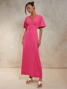 COSMINA Vestito lungo elegante da donna con scollo a V, maniche a pipistrello, vita stretta, colore unito