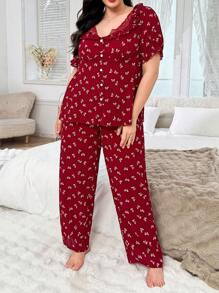 SHEIN Plus Size Ruffled Collar Lace Patchwork Bow Print Pajama Set Short Sleeve Top And Long Pants - Red - View 5