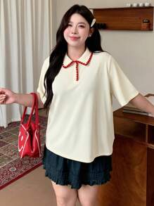 Dazy Plus 女童撞色领Polo衫宽松休闲短袖T恤 - 杏色 - 查看 7