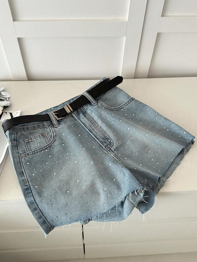 Women's Summer Rhinestone Frayed Hem Casual Denim Shorts, Street Style Leisure Shorts