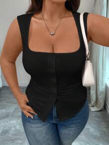 Elenzga Canotta in maglia a collo quadrato sexy e valorizzante in taglie forti, gilet estivo smanicato con fessura in vita