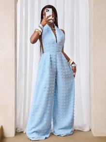 BamGleam 夏季优雅纯色提花露背吊带连体裤 - 藍色 - 查看 7