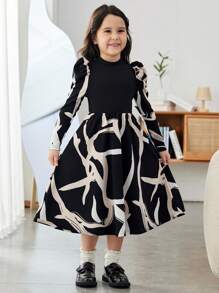 SHEIN Young Girl Elegant Collared Patchwork Geometric Pattern Long Sleeve Midi Dress - Black - View 2