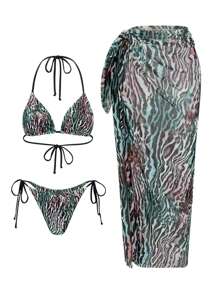 Bonvoyette 3pcs/Set New Random Leopard Print & Solid Color Halter Sexy Elegant Swimsuit & Long Mesh Beach Dress Swimwear For Women For Summer Beach Vacation - Multicolor - View 3