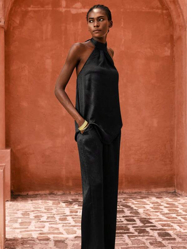 Maija 2pcs Women Chic Solid Color Elegant Halter Top & Pants Set, Versatile Urban Commute Women Casual Suit Business Casual Retro Women Office Outfit, Elegant Style,Autumn Outfits For Women, Christmas Women's Clothing