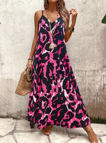 Breezaya 女士休闲豹纹吊带度假太阳裙 - 玫紅色 - 查看 7