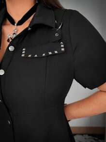 Whyspr Plus Size Women Grunge Punk Style Waist Cinched Short Sleeve Simple Mini Dress - Black - View 4