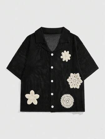 Street Life Pull en tricot à motif floral hydrosoluble à col rabattu et ouvert pour hommes