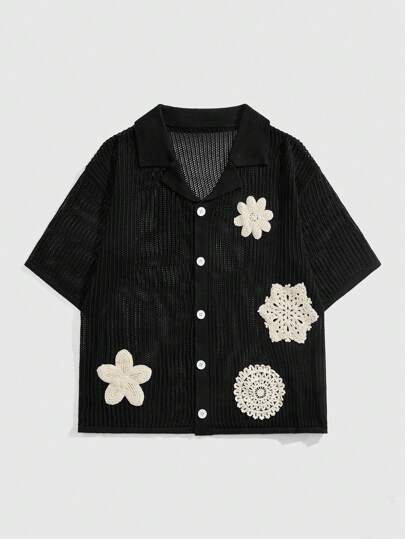 Street Life Suéter de punto con patrón de flores solubles en agua, de cuello vuelto y con abertura frontal para hombre