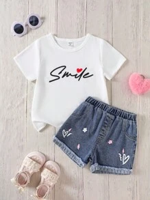 SHEIN Dziewczęcy swobodny, wygodny, prosty, okrągły dekolt, krótki rękaw, koszulka i spodenki jeansowe, 2-częściowy zestaw - Biały - Zobacz 2