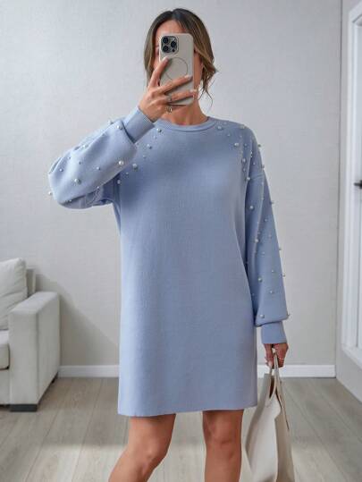 EURMUSE Elegant rund halsringning med nedåtgående axelband, enfärgad, babyblå, enfärgat, pärlpärlmönster, mini-oversize, mysig stickad klänning för höst- och vinterkläder för kvinnor