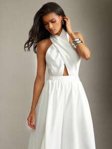Hauture Elegant White Summer Formal Jumpsuit For Women,Old Money Business Casual Cross Front Halter Wide Leg Romper,Chic Minimalist Evening Office Outfit - White - View 3