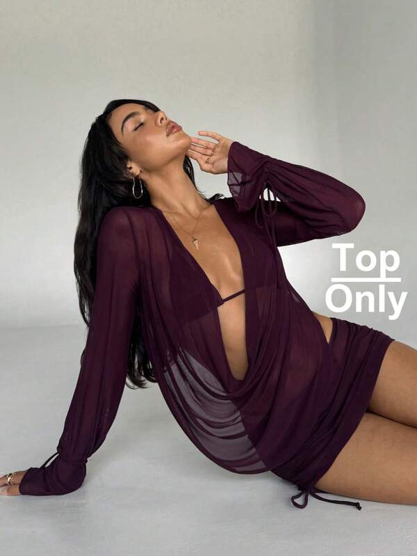 Aloruh Women's New Solid Dark Chestnut Red/Burgundy Lightweight Shawl Collar Shirt-Style Cover-Up, Long Sleeve, Sexy Backless Design, Elegant For Women, Spring/Summer Resort/Beach Wear Vacation Outfits Women Country Concert Outfit, Tulle Wraps, Beach Dress