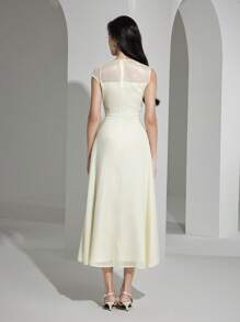 Heiryn Abito elegante midi da donna con colletto asimmetrico, in tessuto a rete bicolore