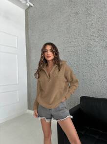 EURMUSE Half Zip Drop Shoulder Sweater - Mocha Brown - View 4