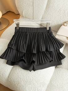 Modelyn Romantic Sweet Ruched Twist Double Layer Women's Shorts, Pleated Skorts For Women Summer - Black - View 2
