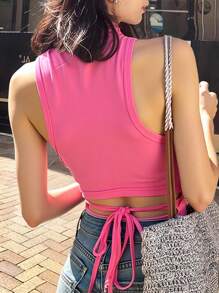Women's Casual Solid Color Stand Collar Tie Back Cropped Tank Top, Summer - Pink - View 2