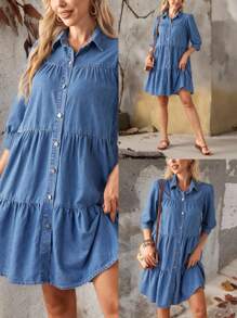 EMERY ROSE Women's Summer Casual Tiered Hem Puff Sleeve Single-Breasted Denim Dress - Medium Wash - View 2