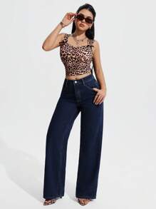 SHEIN PETITE Women Casual Fashion Versatile Straight Button Fly Denim Jeans - Royal Blue - View 5