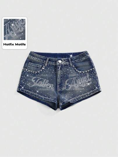 Grunge Punk Shorts cortos de mezclilla para mujer, de súper baja cintura, decorados con cristales para un festival de música, con un estilo sexy