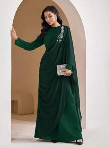 Veilorie 女士纯色垂坠优雅长袖阿拉伯风格连衣裙，端庄大方