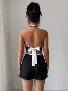 Selianne 夏季新款性感撞色饰边系带短款上衣 + 斜口袋短裤两件套女装 - 黑色 - 查看 2