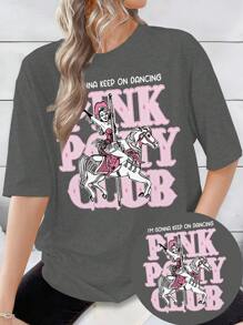 INAWLY Áo thun họa tiết Women Plus Summer Pink Pony Club, Chuyến lưu diễn hòa nhạc Midwestern Princess, Áo thun tay ngắn in chữ rộng rãi - Màu xám đen - Xem 3
