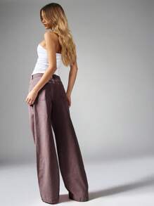 MISSGUIDED High Waisted Wide Leg Denim Jeans Retro Style Autumn Winter Fashion Palazzo Pants Classic Casual Wear Washable Full Length Bottoms - Burgundy - View 2