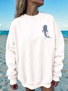 SHEIN EZwear Casual Minimalist Vacation Beach Shark Graphic Print Round Neck Loose Fit Women Sweatshirt Autumn And Winter - White - View 2