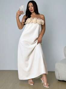 INAWLY Plus Strapless Stereo Floral Dress - Apricot - View 3