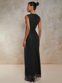 COSMINA 女士优雅波尔卡圆点印花连衣裙，夏季 - 黑色 - 查看 2
