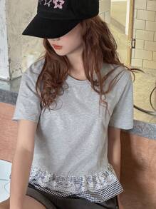 Dazy Kids 少女基本款休闲T恤，蕾丝和格子下摆拼布 - 灰色 - 查看 5