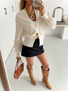 Siren Gaze Cárdigan de mujer de manga larga de unicolor y versátil, suéter crema, para oficina, estilo de negocios casuales, suéter casual de oficina, estilo francés, para invierno, suéter de invierno, cárdigan de suéter con botones metálicos, cárdigan de suéter con cuello en V que ciñe la cintura, suéteres de otoño, para oficina, cárdigan con botones, suéter de manga larga cálido, para ir y venir, minimalista, oficina, dinero viejo, simple - Albaricoque - Ver 9
