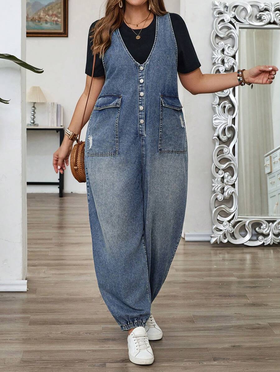 EMERY ROSE Plus Size Women Casual Street Style Flap Pocket Distressed Denim Jumpsuit