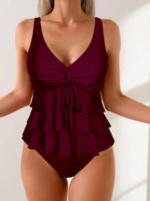 Swim Basics Traje de baño tankini de unicolor con volantes y frente retorcido para vacaciones de verano en la playa - Rojo violeta - Ver 4