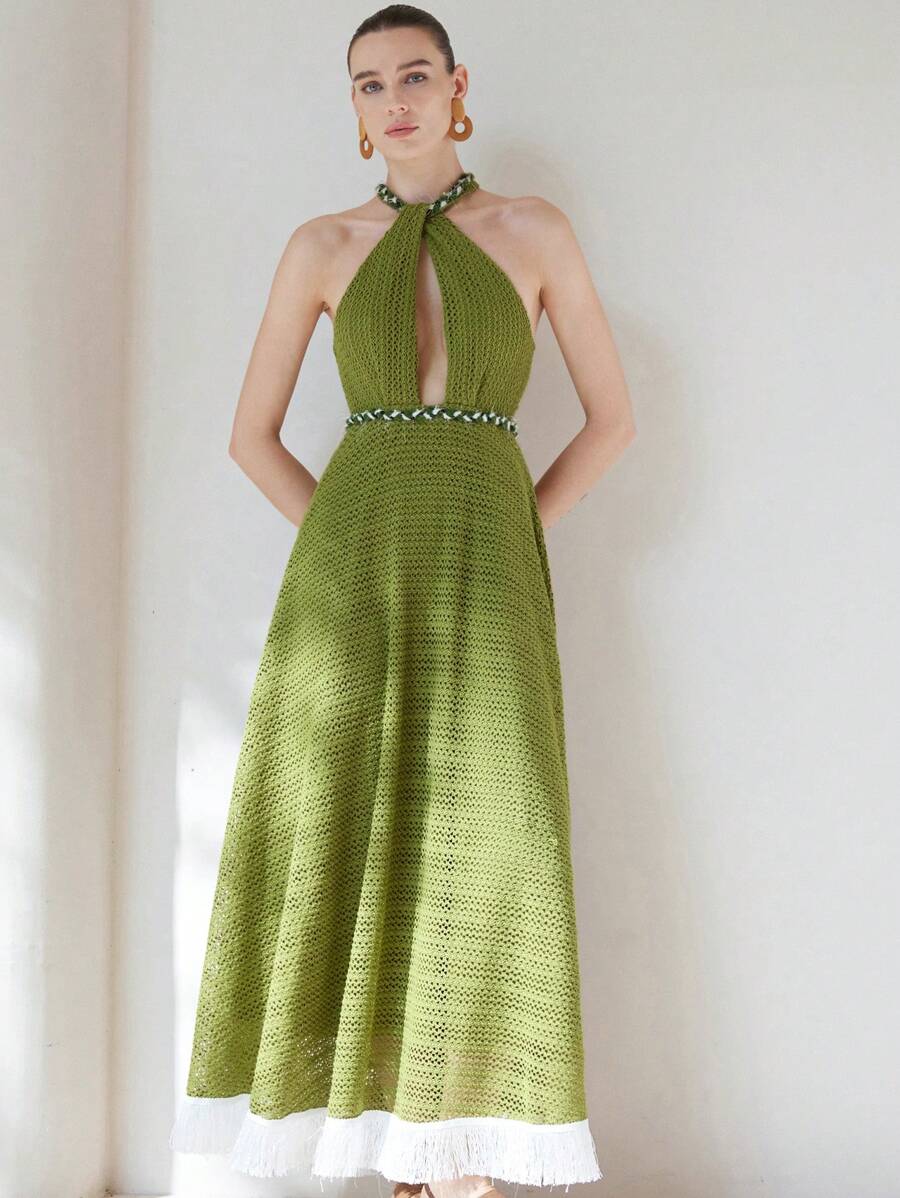 SHEIN Privé Váy suông trễ vai tua rua hở lưng hở eo sang trọng cao cấp phong cách Pháp thanh lịch cho kỳ nghỉ của phụ nữ - màu xanh lá - Xem 1