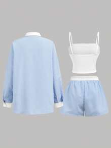 SHEIN Girlism 三件套：蓝白撞色宽松衬衫、松紧腰撞色短裤和纯白色工字背心，适合青少年女孩的舒适休闲装，适合春夏秋季 - 藍白色 - 查看 2