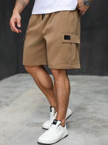 Manfinity Homme Plus Size Men's Summer Casual Street Drawstring Waist Flap Pocket Cargo Shorts - Khaki - View 5