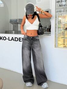 EURMUSE 女士宽松低腰阔腿日常休闲牛仔裤 - 灰色 - 查看 3