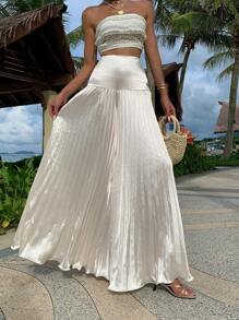 SHEIN EZwear Women's Summer Holiday Solid Color Loose Pleated Wide Leg Pants - White - View 4