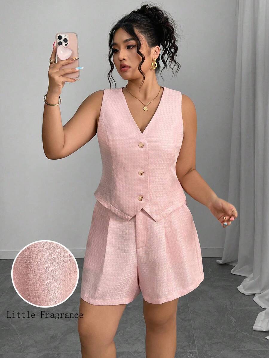 Elenzga 2pcs Women Plus Size Fashion Woven Summer Pink Sophisticated Lady Suit Vest And Shorts Set - Pink - View 1