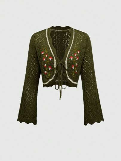 Women's Vintage Fairycore Forest Mushroom Embroidery Hollow Out Knit Cardigan