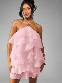 MISSGUIDED Ruffle Mini Dress Organza Party Evening Formal Halter Neck Backless A Line Layered - Baby Pink - View 1