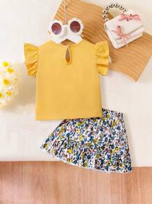 2pcs/Set Baby Girls Casual Outfit - Sleeveless Bow Decor Top + Floral Print Skirt - Yellow - View 2