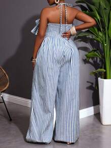 SHEIN CURVE+ 大码女装/秋季服装/秋季女装/冬季女装/冬季女装大码条纹印花荷叶边吊带连体衣 - 藍色 - 查看 2